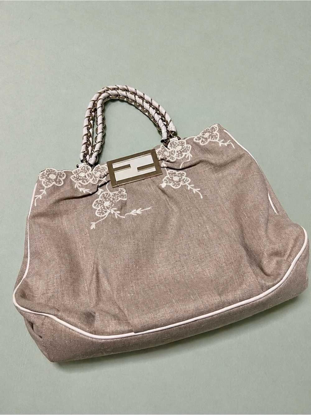 FENDI Mia Tote - Gray Fabric with Detailed White Lace Embroidery (COA included!)